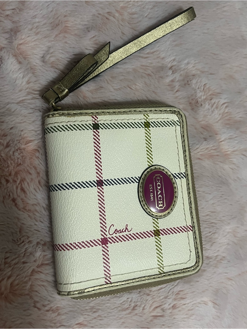 Coach Cream Plaid Zip Wristlet with Gold Trim